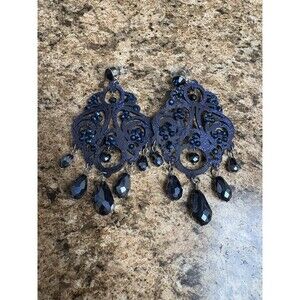Vintage Navy Blue Fabric Chandelier Bead Rhinestone Earrings Lovely!